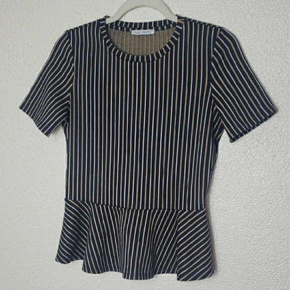 Zara Striped Navy Gold Peplum Top Short Sleeve Cotton Retro 70s 90s Y2K Formal - Picture 1 of 9